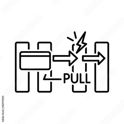Icon showing a credit card being inserted into a slot with a pull action indicated and a spark symbol for error or transaction