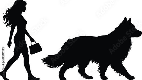 Stylish woman silhouette walking large furry dog pet friend, beautiful companion animal, lady with purse, elegant black vector illustration, isolated on white background, friendship concept