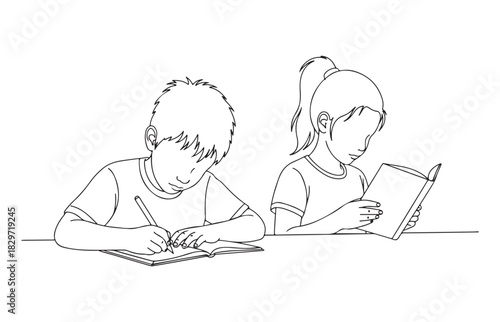 Two young children focused intently on their schoolwork at a desk one writing and the other reading