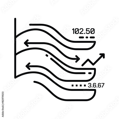 Line graph icon showing wavy data flow with arrows and numerical values, isolated on