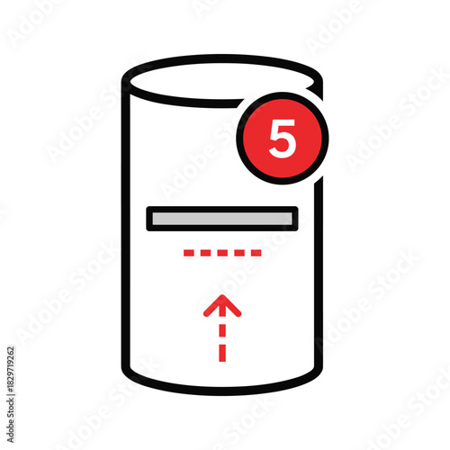 Simple icon representing a cylindrical container with a notification badge showing the number five and an upward arrow indicating flow or insertion