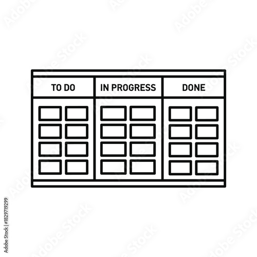Simple black and white line art icon of a kanban board with to do, in progress, and done columns isolated on