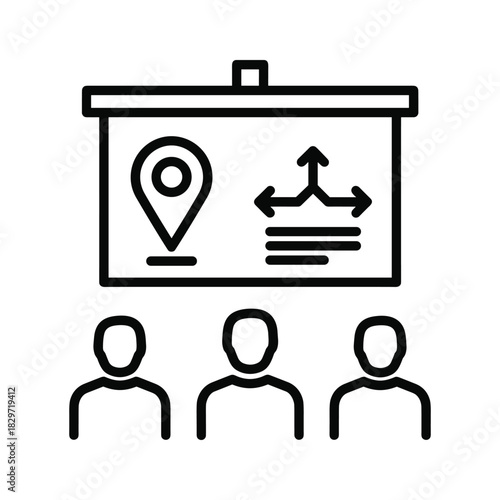 Business presentation icon showing location pin and decision arrows on a screen above three audience member silhouettes, isolated on