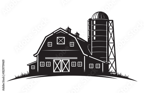Classic black silhouette of a traditional barn with a tall silo on a grassy knoll