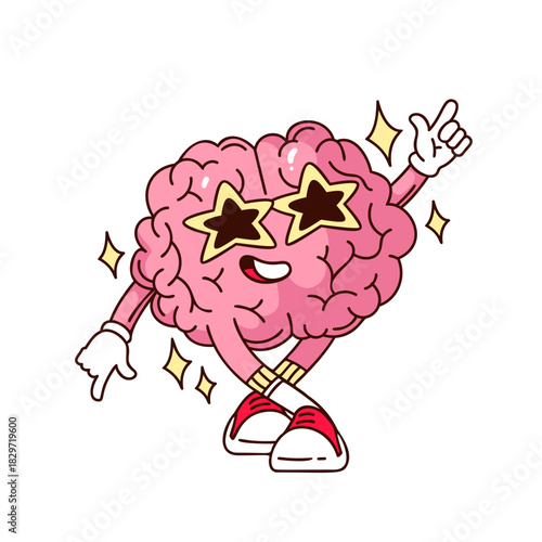 Cool brain character wearing star sunglasses and dancing with sparkle effects. Cute groovy cartoon doodle style. Outline vector illustration for sticker, fun, creativity, or motivation design.