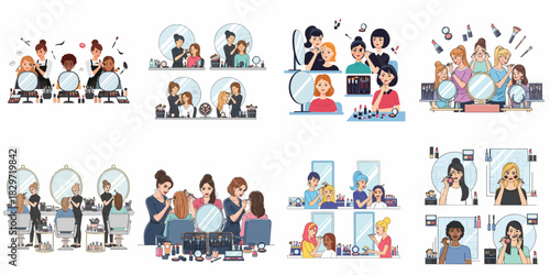 Set of illustrations showing women applying makeup, professional beauty services, hair styling, and artists working in a cosmetics salon studio with tools and mirrors.