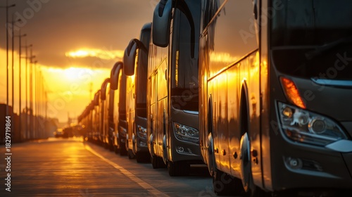 Row of Buses Parked at Sunset with Dramatic Backlighting