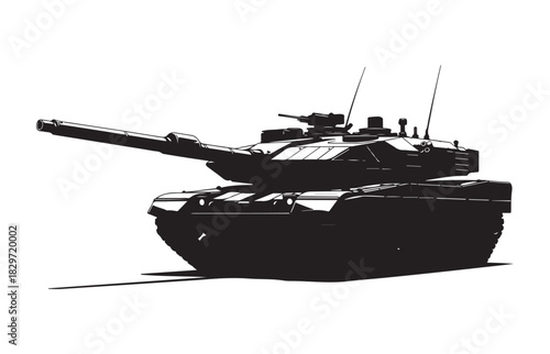 Silhouette of a powerful modern main battle tank casting a shadow on a white background
