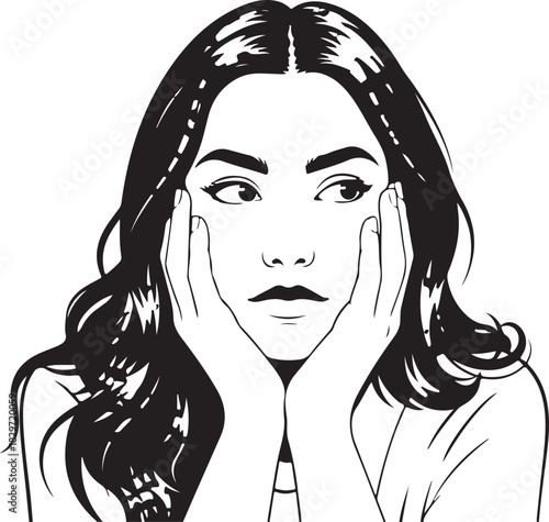 A black and white sketch of a young woman with her hands on her cheeks looking worried