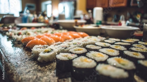 Sushi and Rolls on Countertop