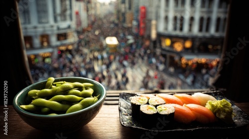 Sushi, Edamame, and Blurred City View