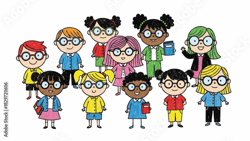 Diverse Group of Cute Cartoon Elementary School Children Wearing Glasses