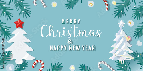 Festive christmas background with trees candy canes and holiday greetings