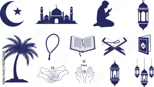 Collection of muslim symbols and icons in blue silhouette on white background