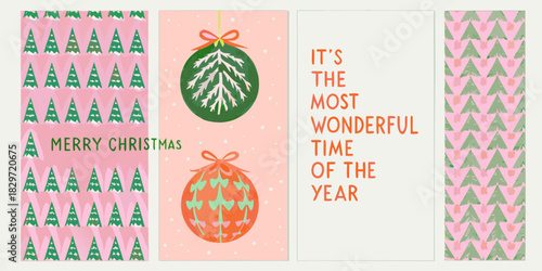 Festive christmas cards with tree patterns and gift illustrations displayed