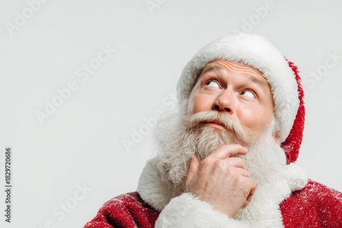 Pondering Santa Claus with Hand on Chin Isolated on White