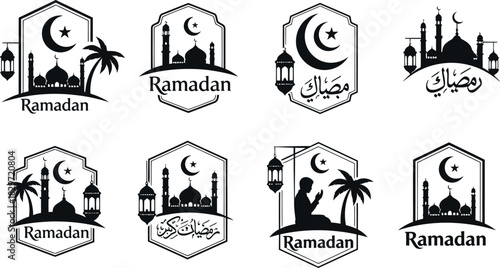 Set of ramadan kareem vector emblems with mosque moon and lanterns