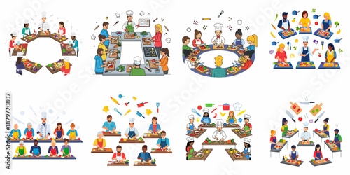Vector bundle of various cooking class illustrations, featuring diverse groups learning culinary skills and food preparation from professional chefs.
