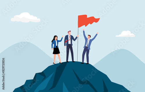 Business people characters climb top peak landing page flat vector illustration concept. Leadership and teamwork, Team leader show way, motivate to success, award trophy flag, competitive environment.