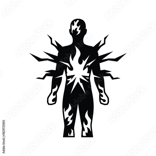 Black silhouette of a human figure with internal fire and sharp spikes emanating from the body, isolated on