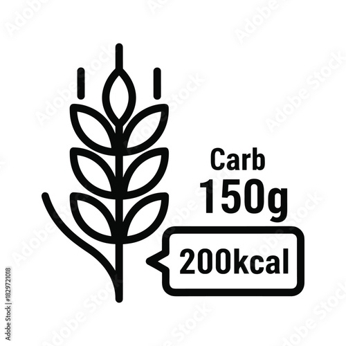 Black and white icon of a wheat stalk next to a nutrition label showing 150g carb and 200kcal, isolated on
