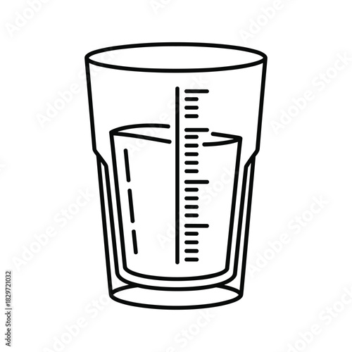Line art icon of a measuring cup with liquid inside and measurement markings, isolated on