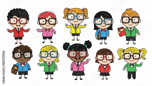 Diverse Group of Cheerful Cartoon School Children Wearing Glasses