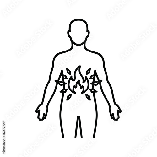 Outline icon representing internal body heat, stomach fire, or heartburn symptom isolated on