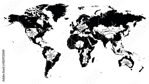 World map silhouette with detailed landmasses in black and white silhouette