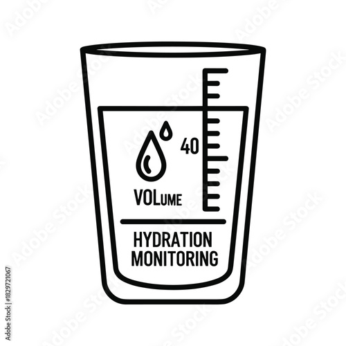 Black and white line art icon representing hydration monitoring with volume measurement in a glass, isolated on