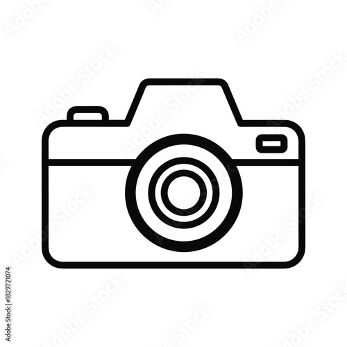 Simple black and white line art icon representing a modern digital camera isolated on