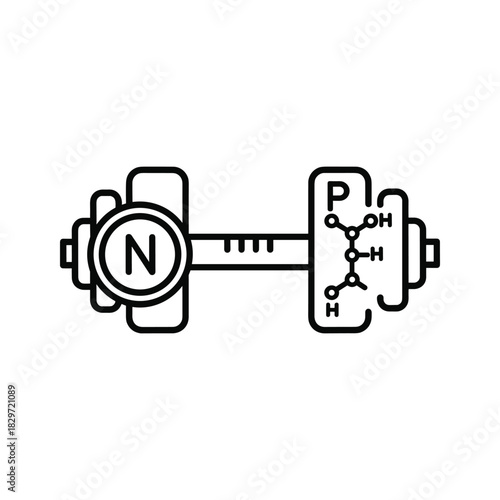 Icon representing creatine molecule structure integrated into a dumbbell for fitness and supplement concept, isolated on
