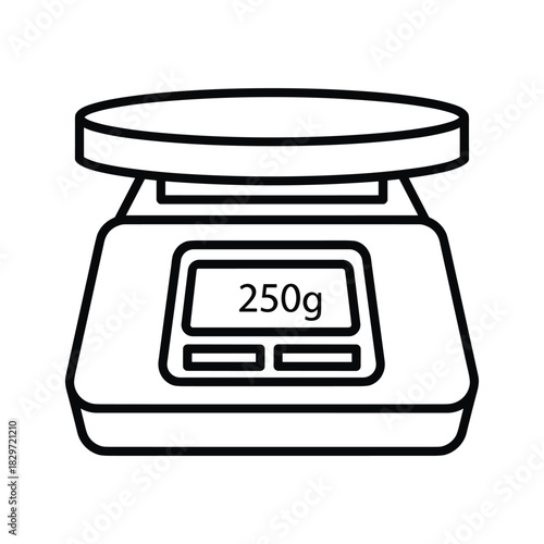 Line art icon of a digital kitchen scale displaying a weight of 250 grams, isolated on