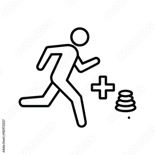 Running person icon with a plus sign and stack of coins representing fitness reward or earning money through exercise