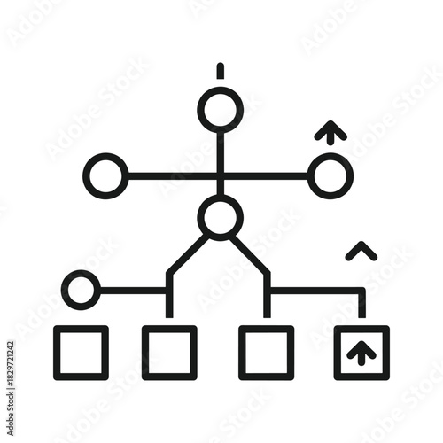 Simple black and white icon representing a hierarchical structure, organizational chart, or branching process flow diagram isolated on