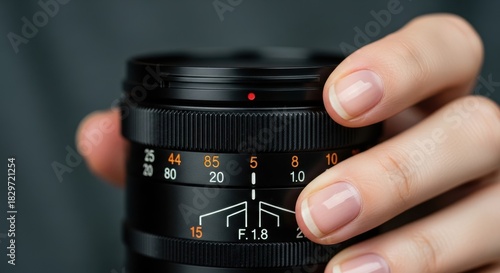 Close-up of hand holding camera lens with focus on f-stop settings