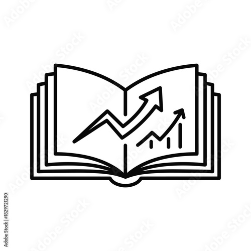 Line art icon of an open book displaying a growing line graph and bar chart, isolated on