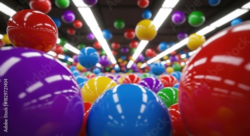 Vibrant multicolored plastic balls in a brightly lit room