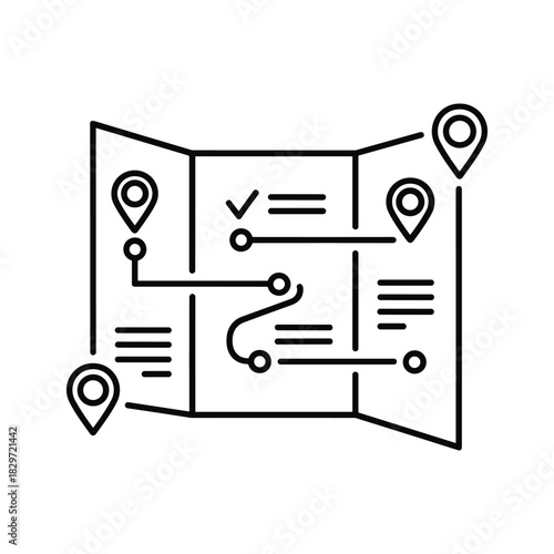 Outline of a travel itinerary or route planning on a folded map with location pins and checklist icons, isolated on