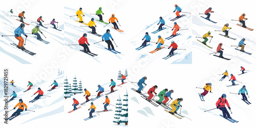 Collection of flat vector illustrations depicting numerous downhill skiers in colorful outfits enjoying winter sports on snowy slopes.