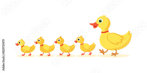 Mother duck and ducklings. Cute baby ducks walking in row. Cartoon vector illustration. Duck mother animal and family duckling .vector icon
