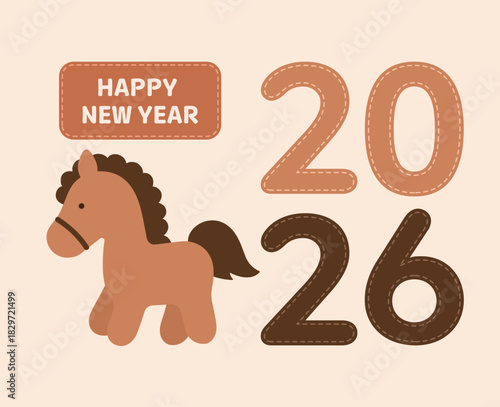 A cute Happy New Year 2026 greeting card featuring a horse character and numbers in felt patch style. Perfect for children's holiday designs, craft themes, and to celebrate the Year of the Horse.