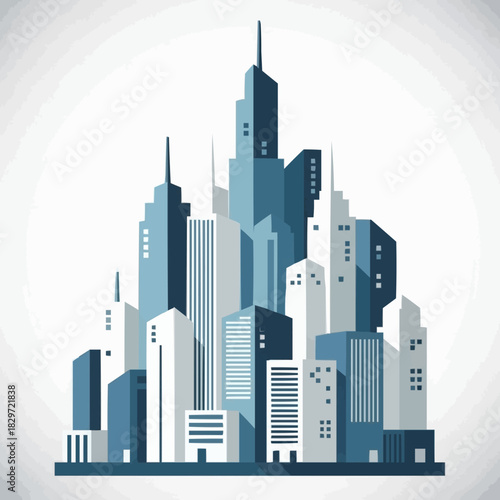 Flat design illustration of a modern city skyline with tall skyscrapers.