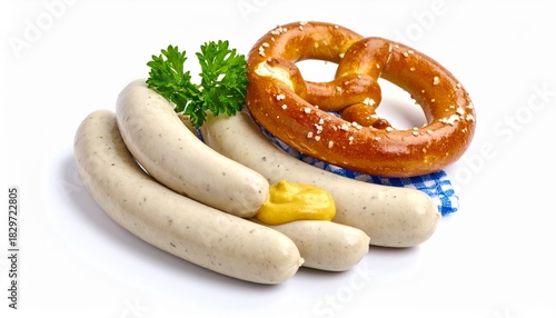 German breakfast weisswurst with sweet mustard and pretzel