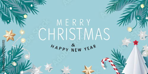 Festive christmas background with pine branches ornaments and holiday greetings