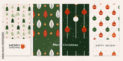 Festive christmas patterns with trees ornaments and holiday greetings