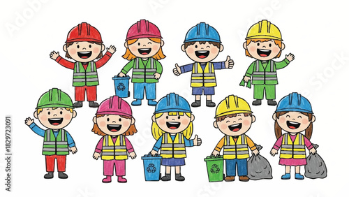 Diverse Group of Happy Children Wearing Safety Vests and Hard Hats Promoting Recycling and Cleanliness