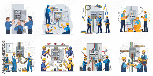 Professional illustrations showing electricians installing and repairing electrical switchboards, breaker boxes, and wiring systems with various tools and teamwork.
