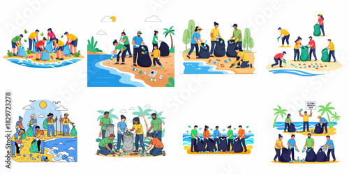 Various illustrations showing groups of diverse volunteers cleaning up polluted beaches and outdoor environments, collecting plastic waste and trash for recycling and environmental conservation.