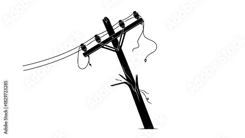 Monochrome utility pole with wires isolated on white background silhouette